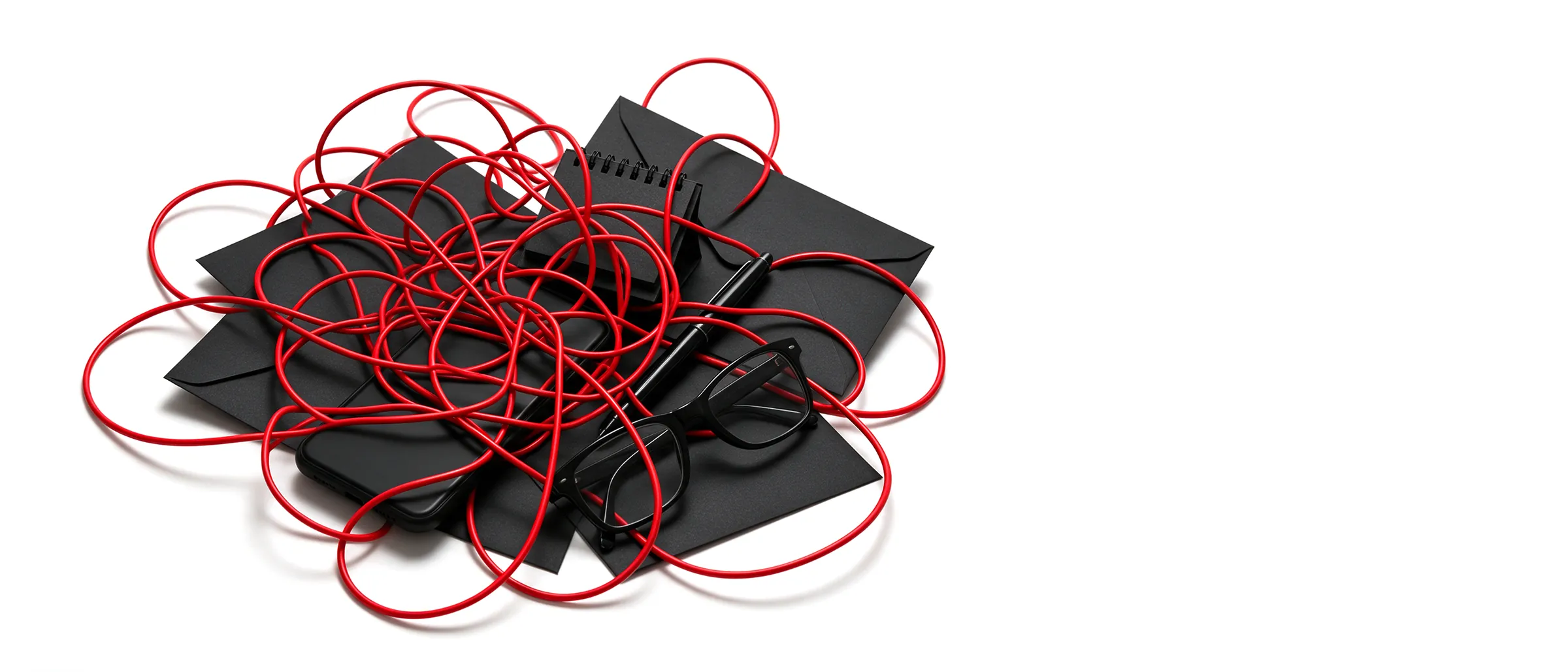 Ilustración: un cable rojo enredado sobre un móvil, sobres, una agenda, una pluma y unas gafas