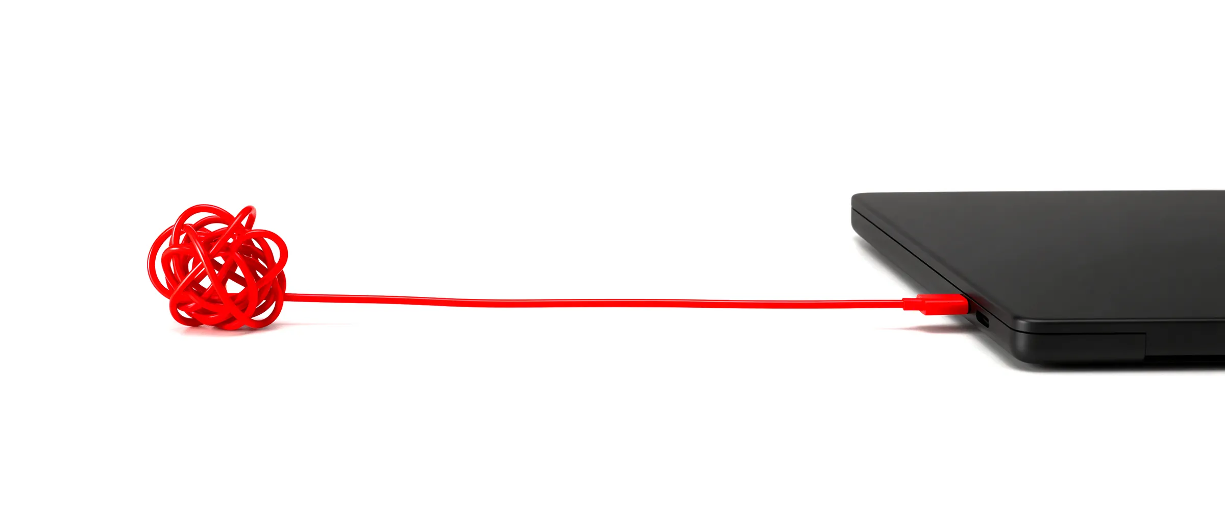 Ilustración: un cable rojo sale de un nudo, se estira en línea recta y termina conectado a un portátil negro